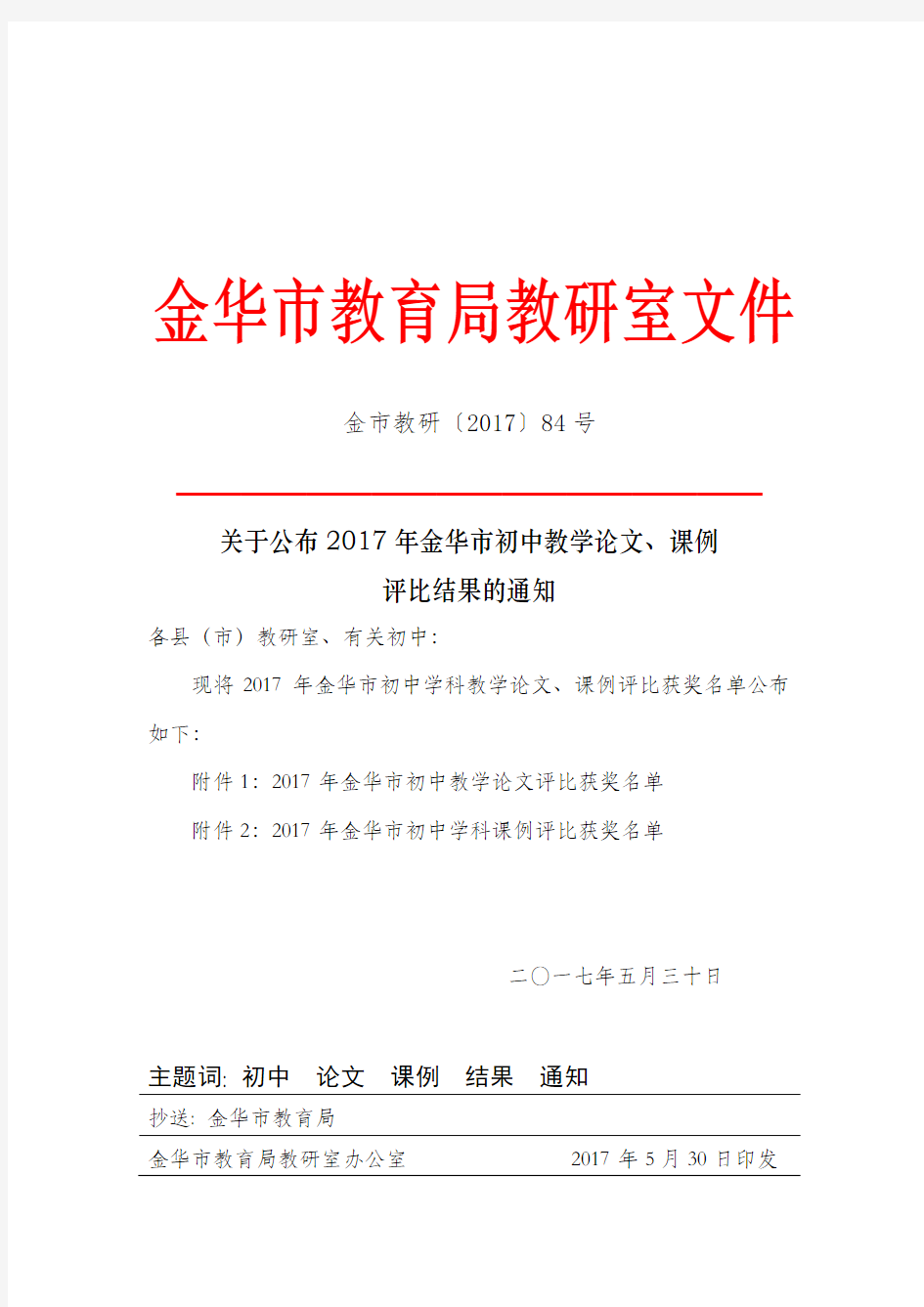 2017年金华市初中学科教学论文、课例评比结果的通知.doc