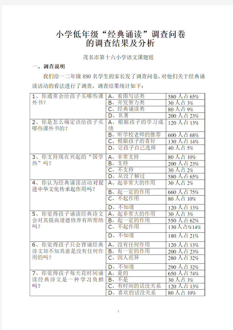 低年级报告经典诵读调查分析总结及调查表