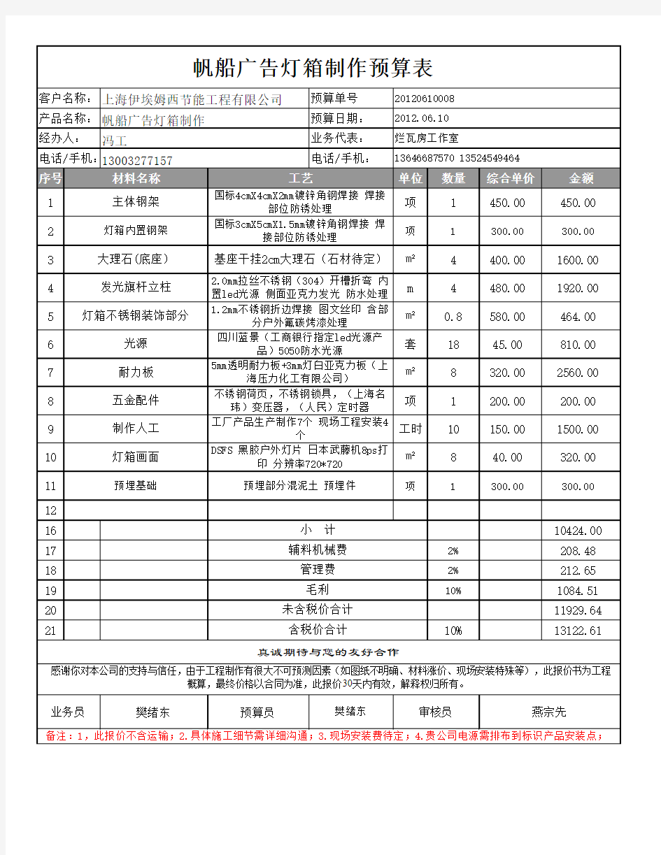 广告制作预算表excel模板