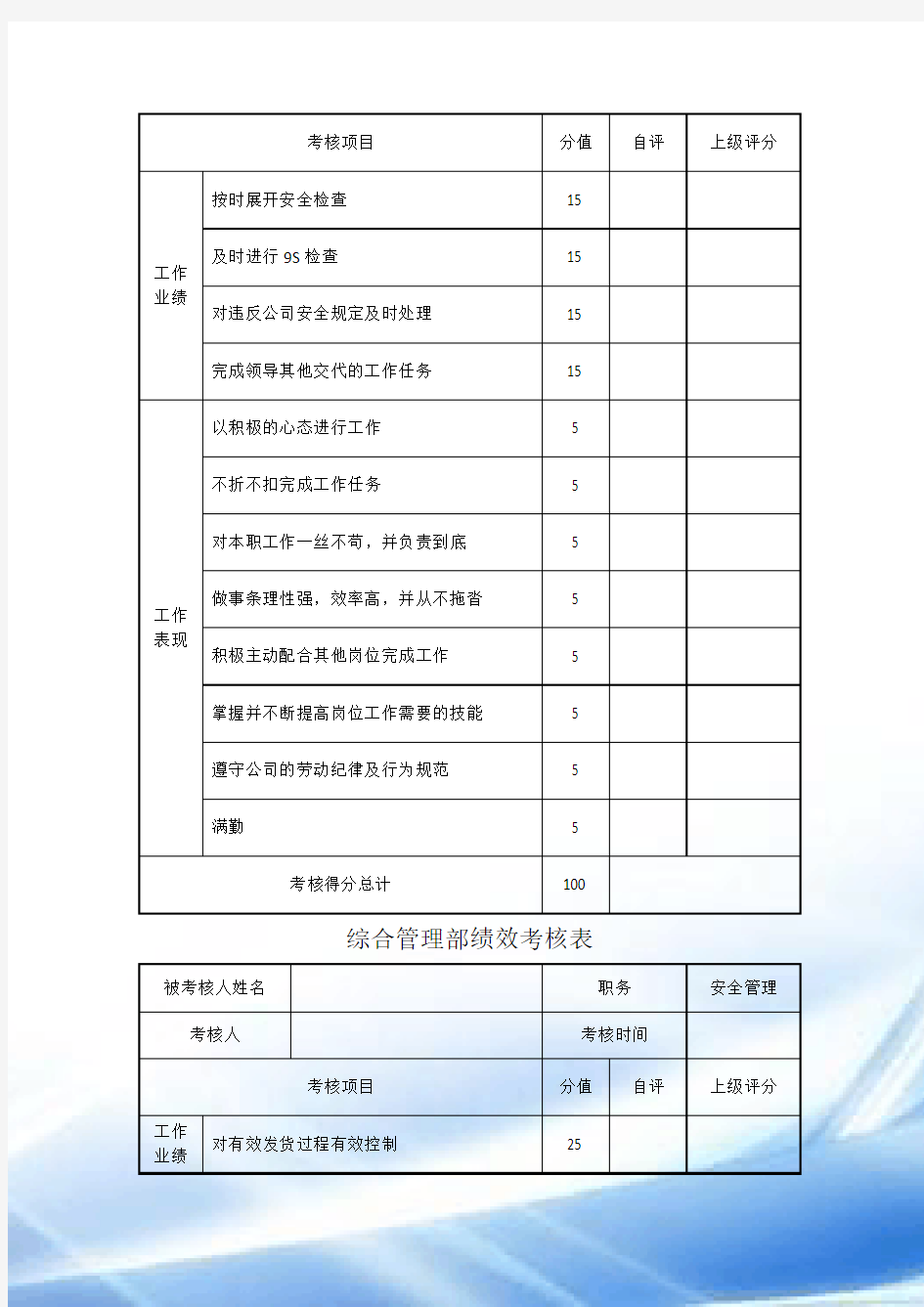 综合管理部绩效考核表