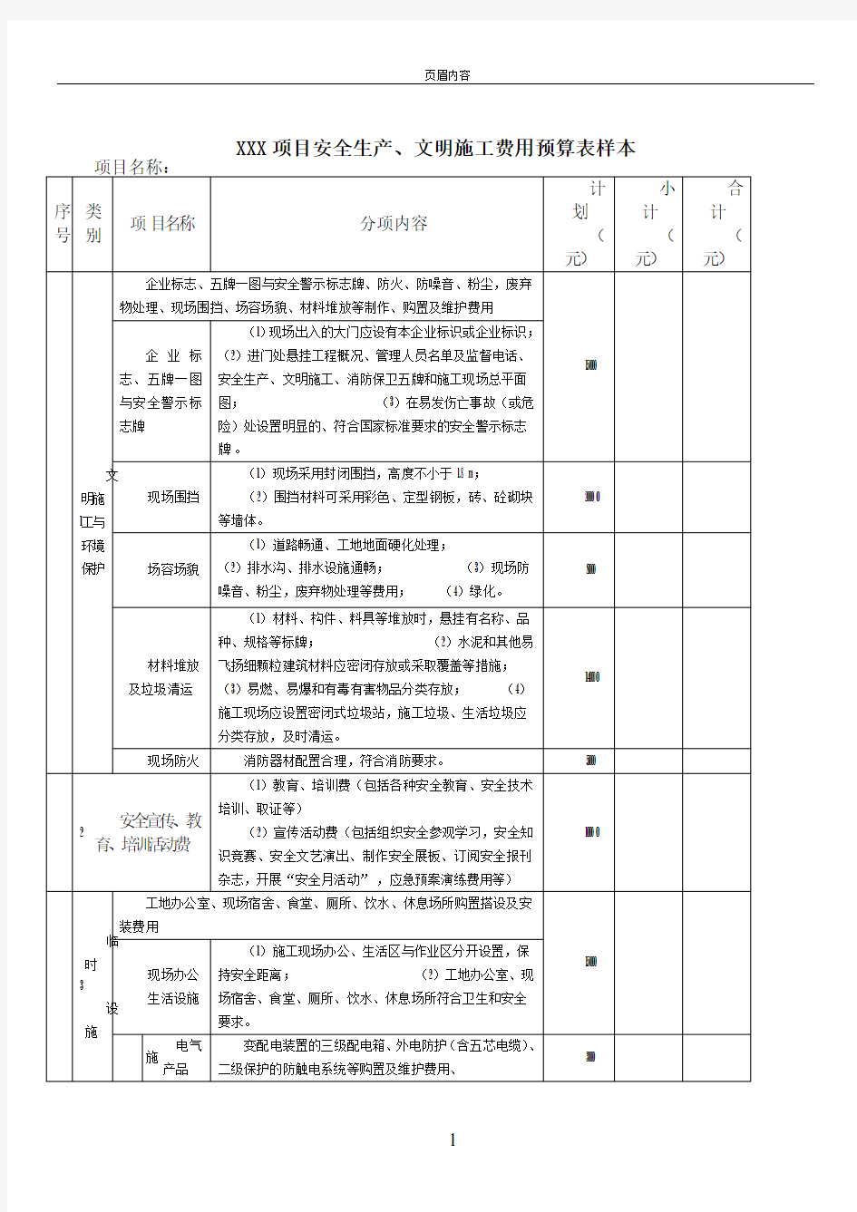 安全费用投入预算表