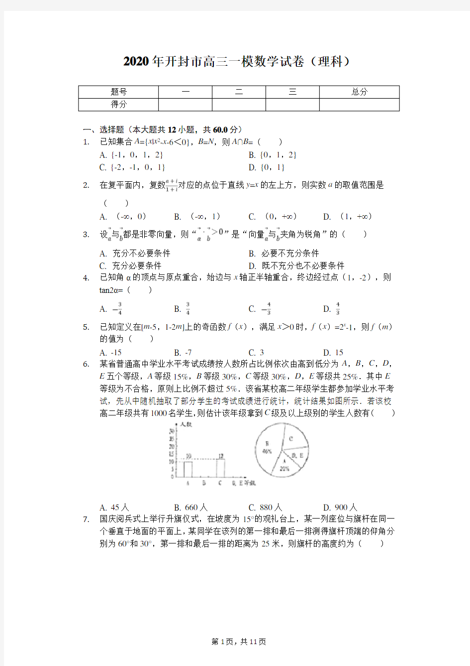 2020届开封市高三一模数学试卷(理科)+答案