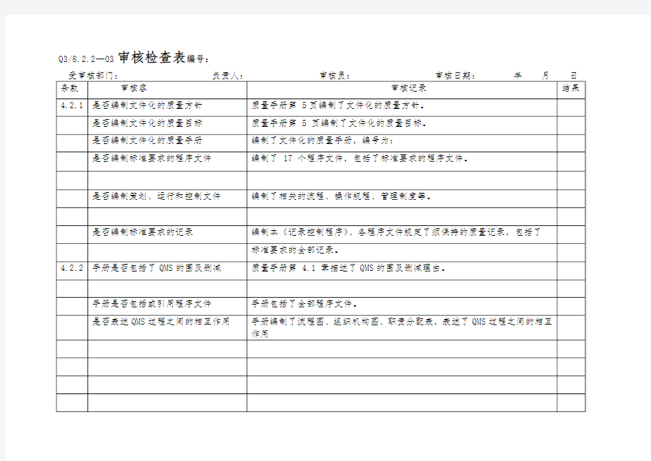 内审检查表表填写范例