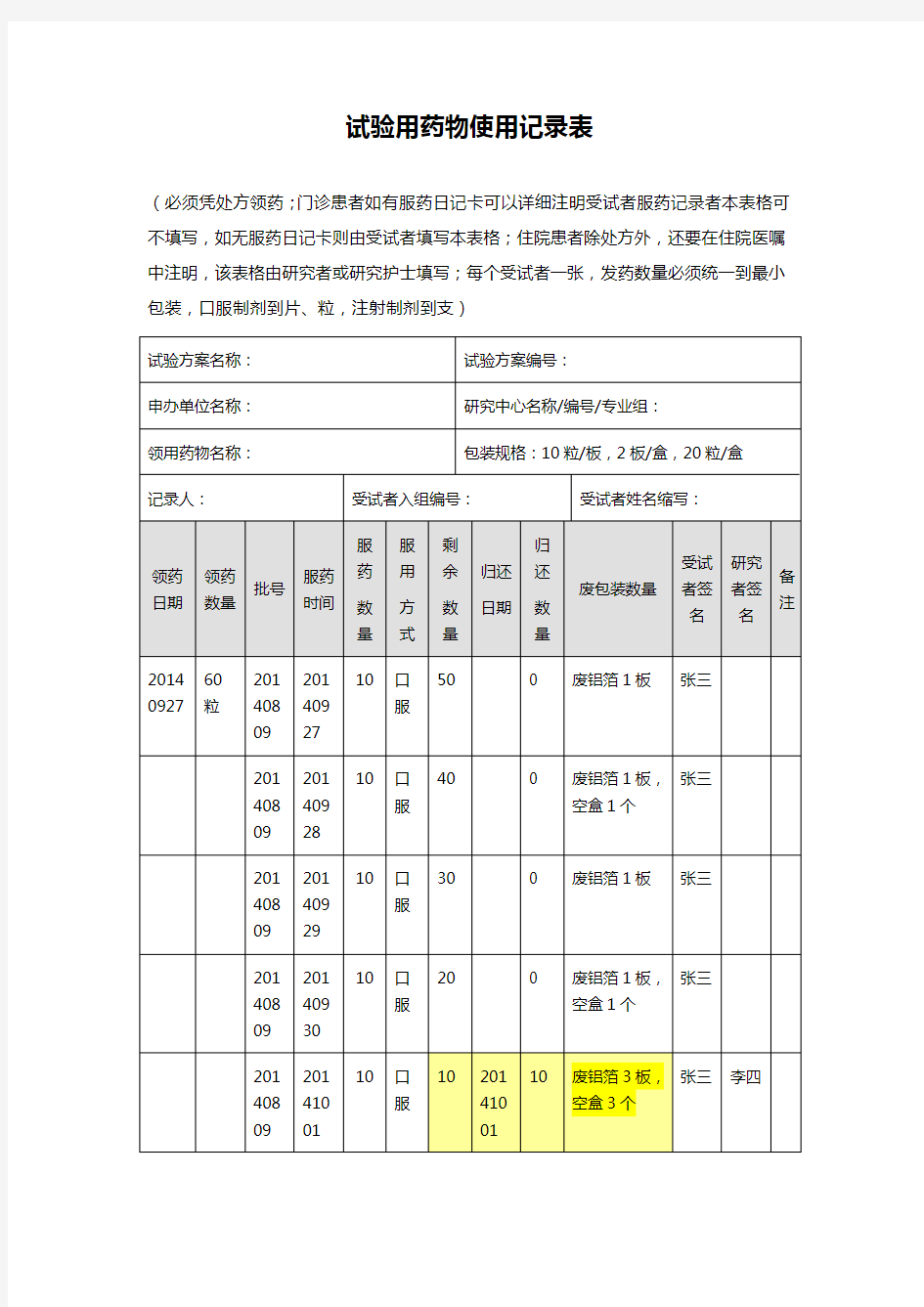 试验用药物使用记录表