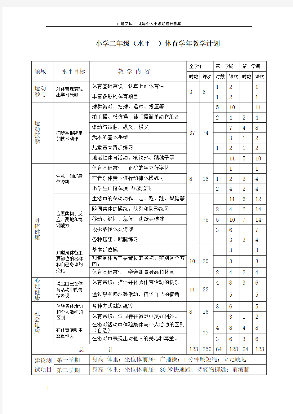 小学二年级体育水平一学年教学计划