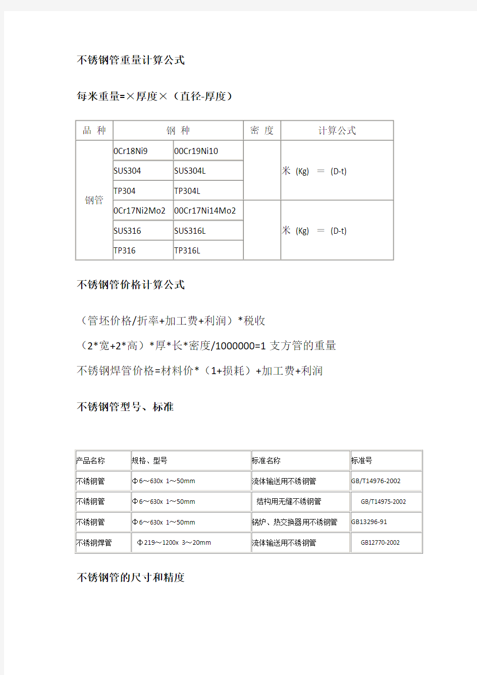 不锈钢管重量计算公式