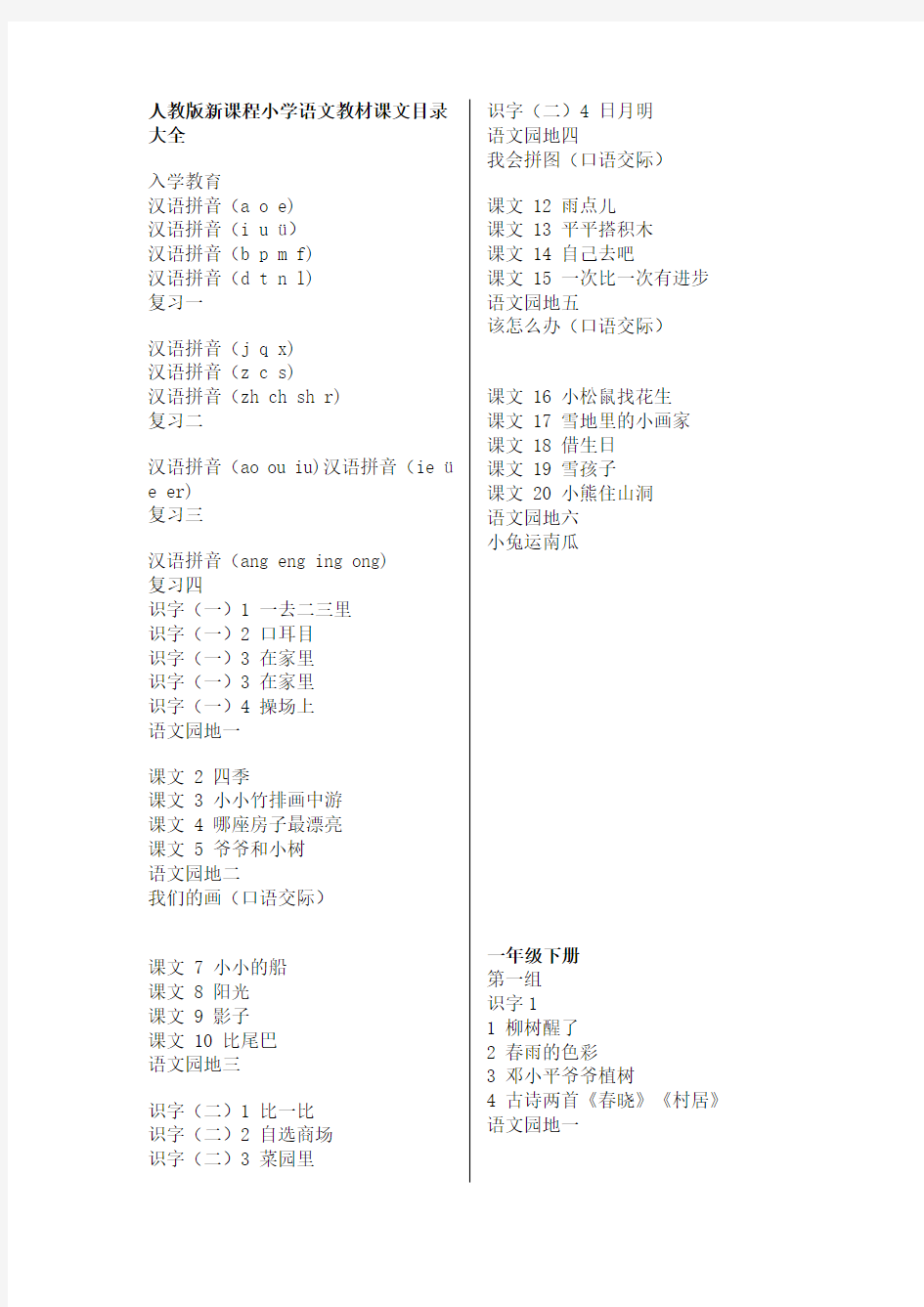 最新人教版小学语文课文目录汇总