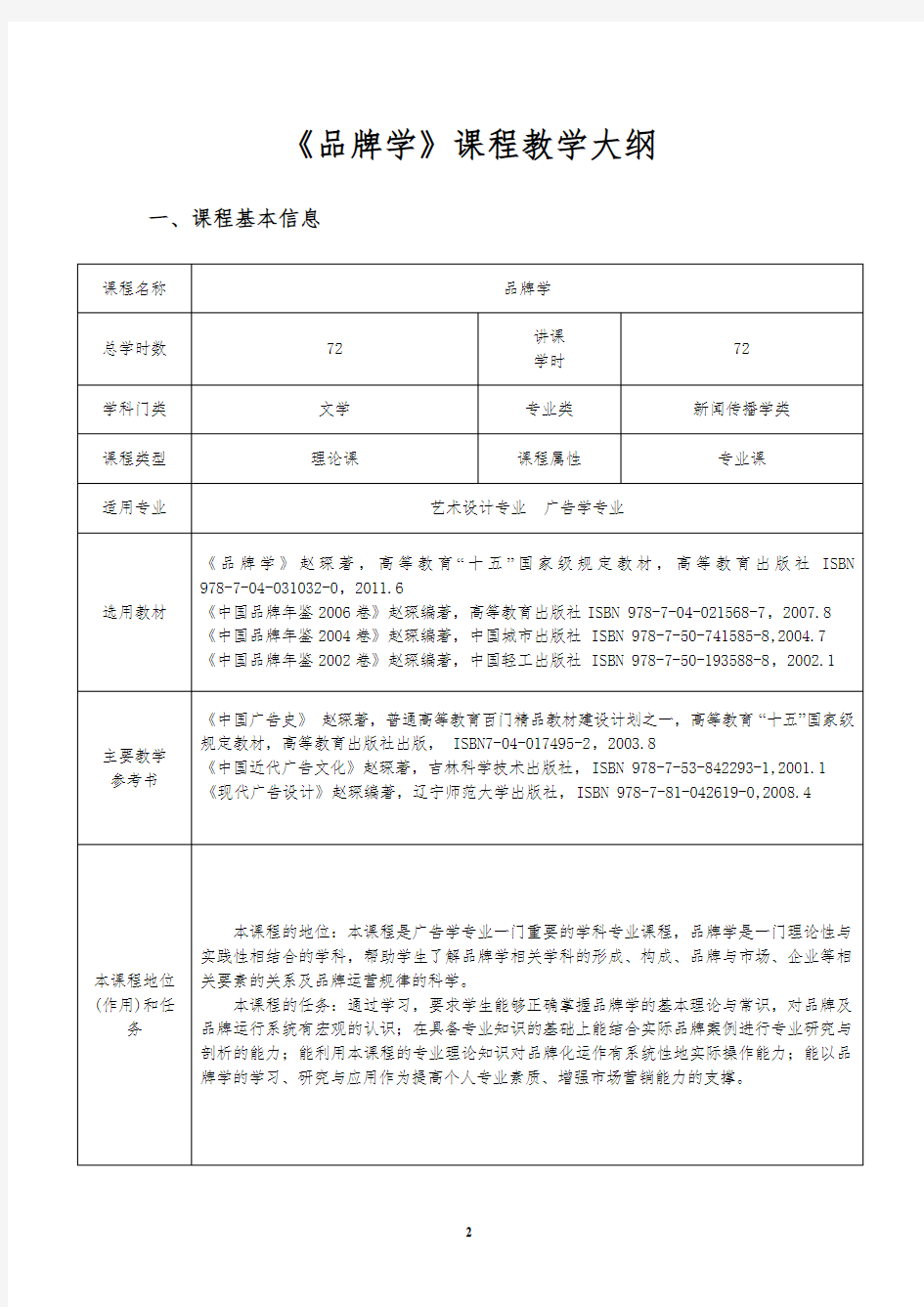 《品牌学》教学大纲