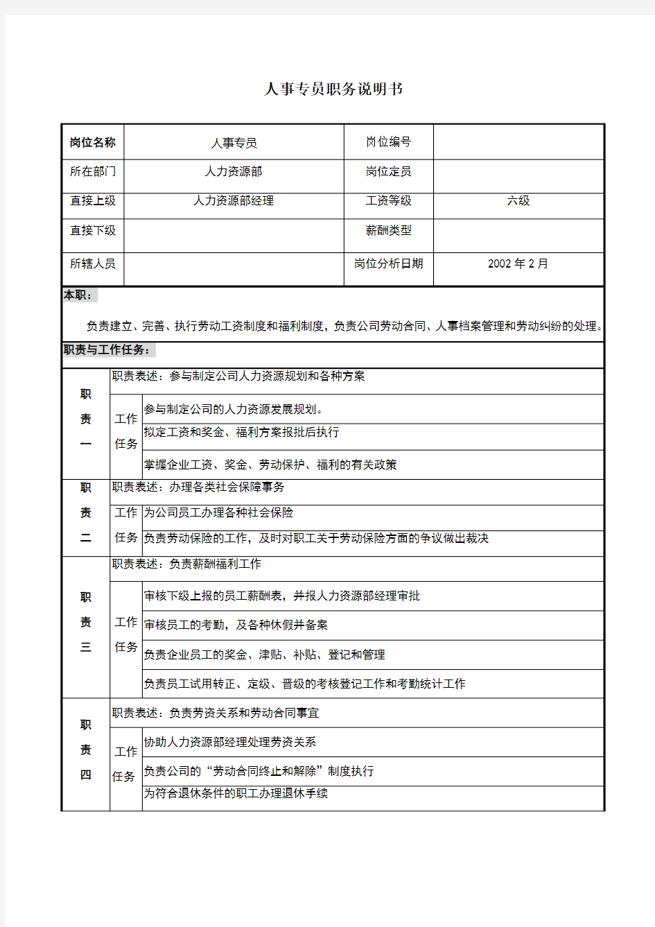 人事专员职务说明书