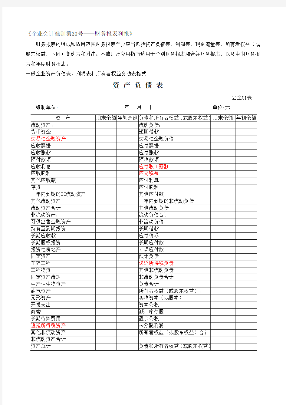 最新财务报表标准格式-完整