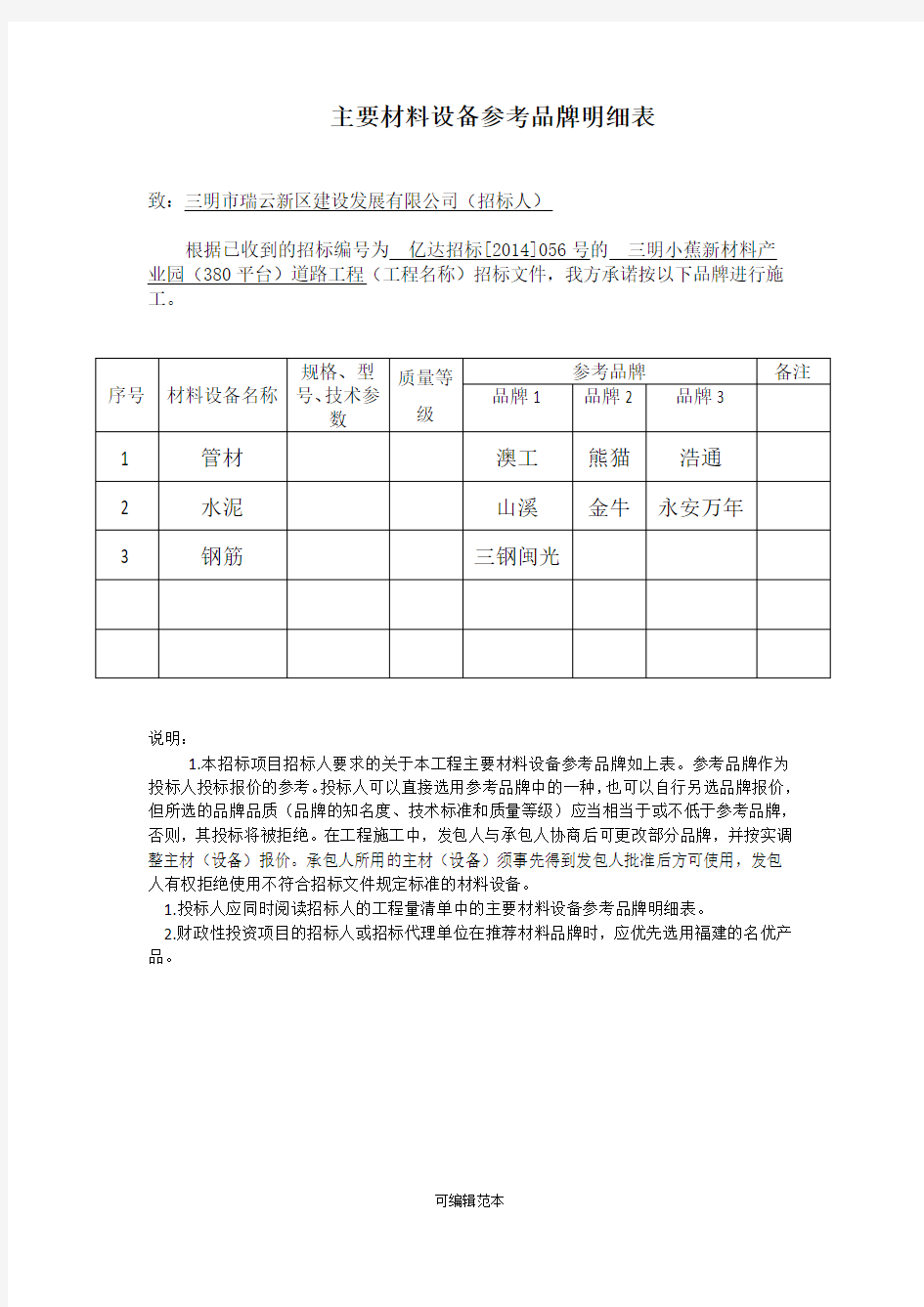 主要材料设备参考品牌明细表