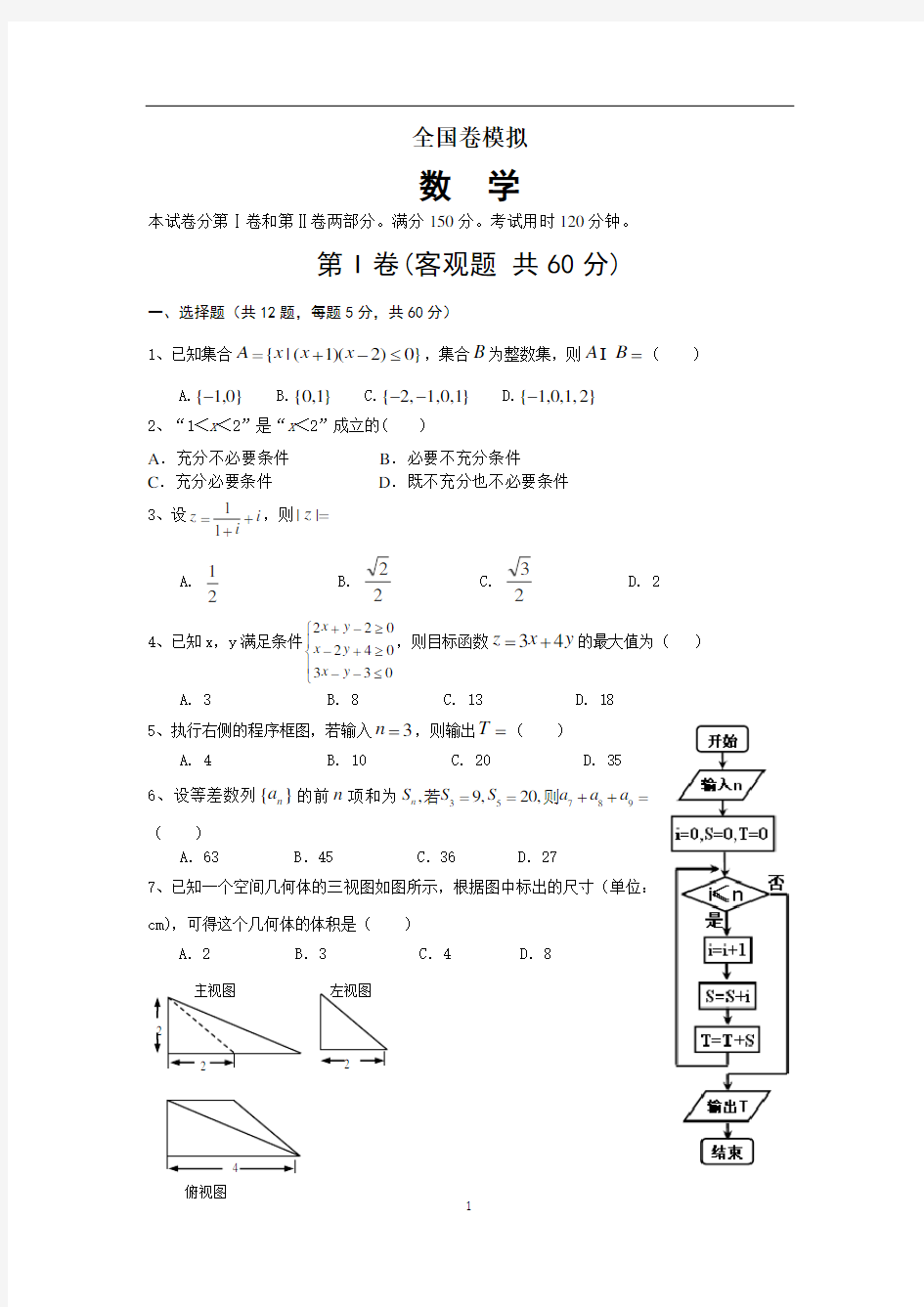 全国卷高考数学模拟题