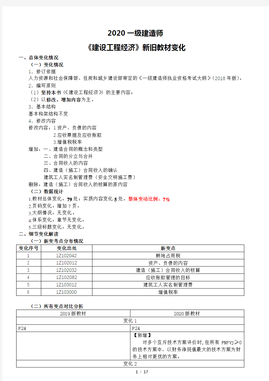 2020年一级建造师建设工程经济教材解读(汇总)新旧教材变化