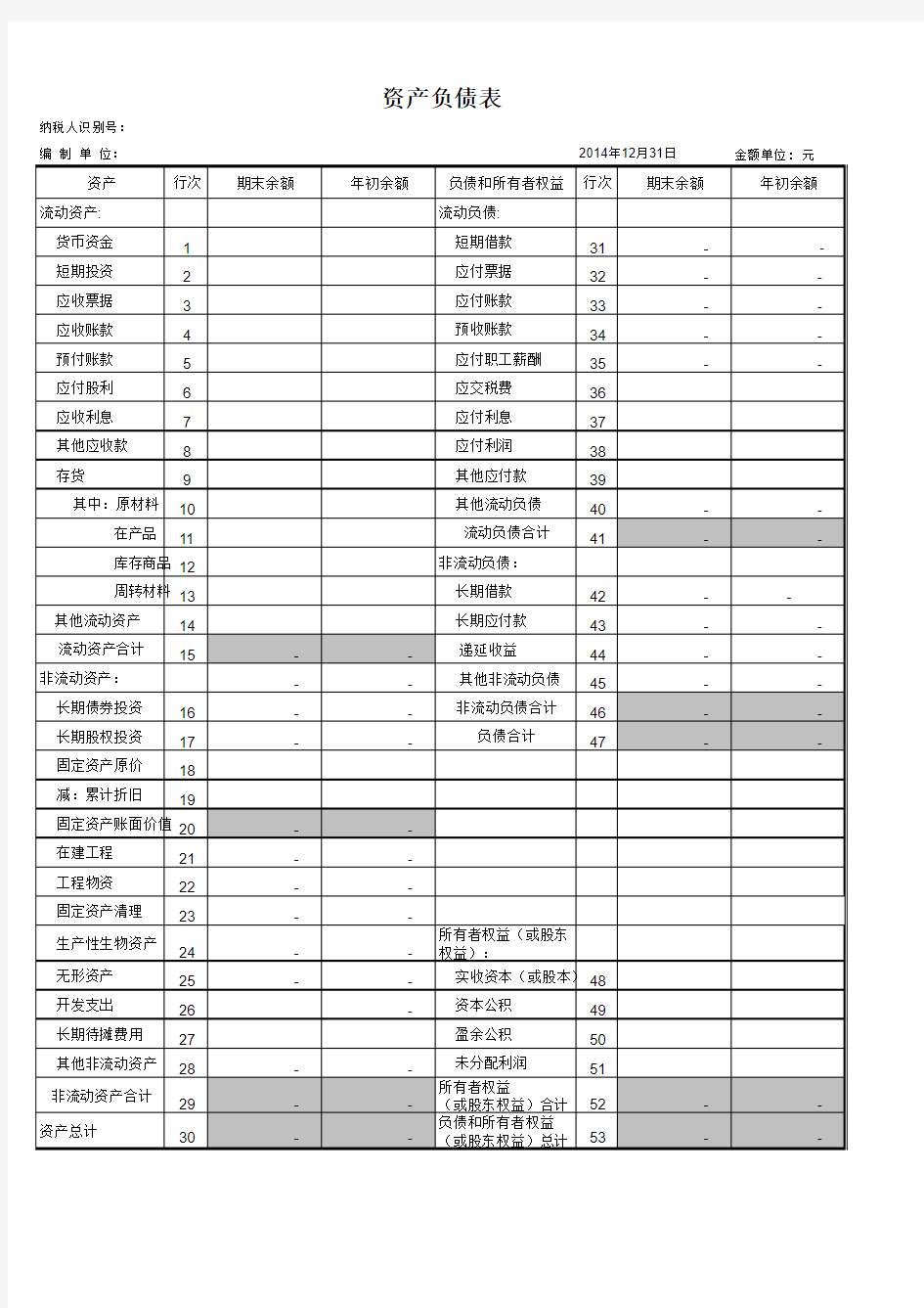 资产负债表含公式