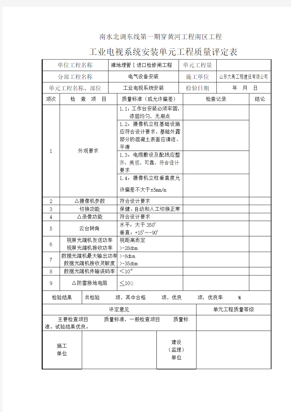 工业电视系统安装单元工程质量评定表