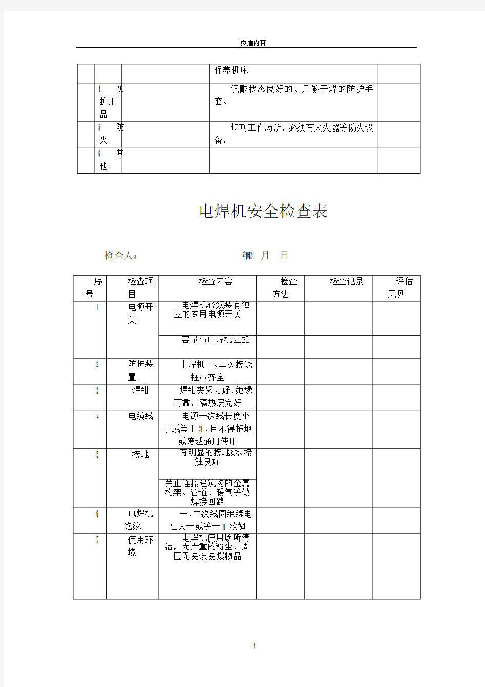 砂轮切割机安全检查表