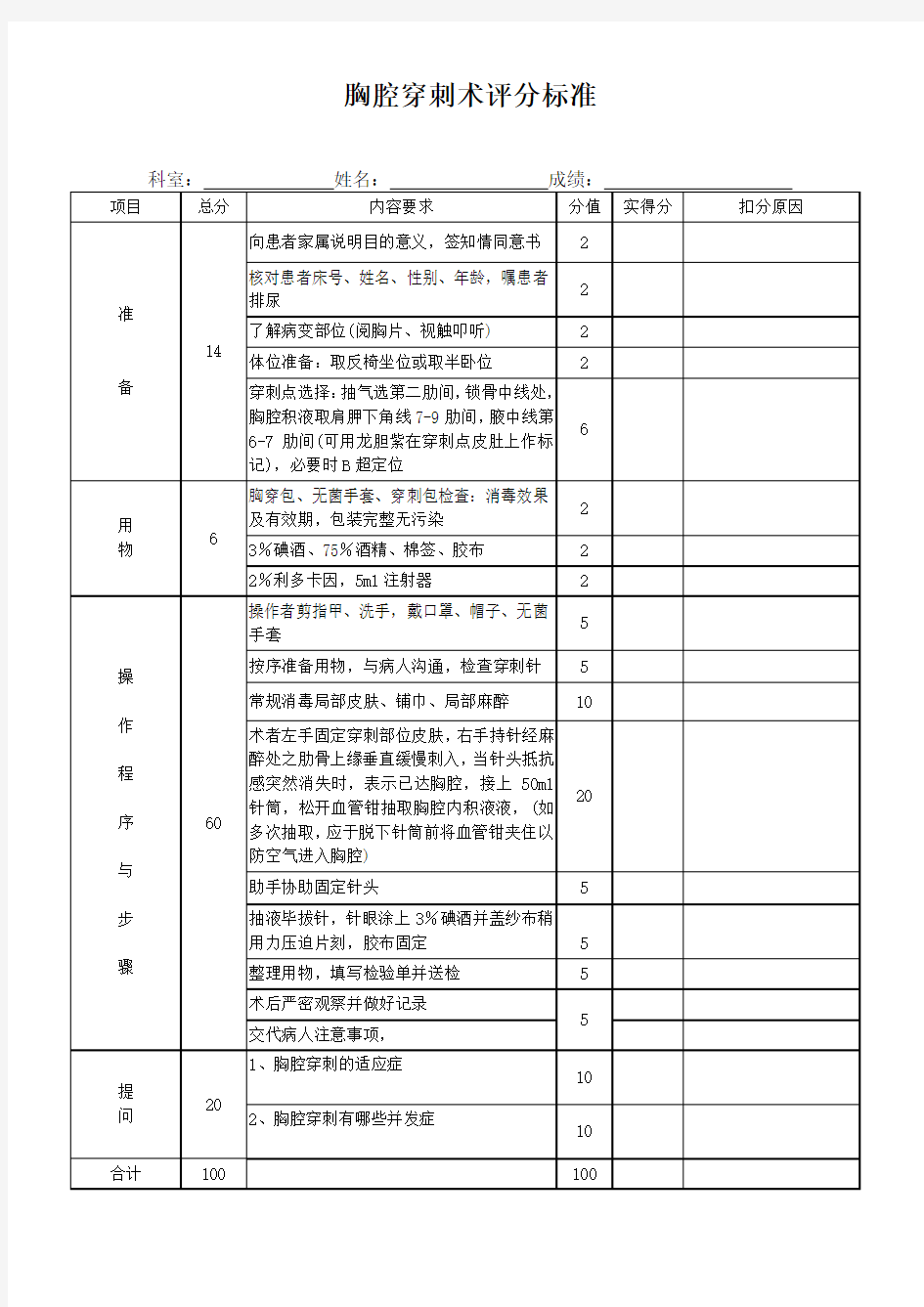 胸腔穿刺术评分标准