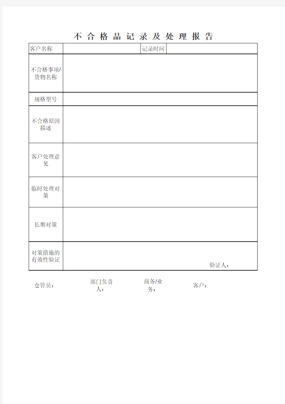 不合格品记录及处理报告