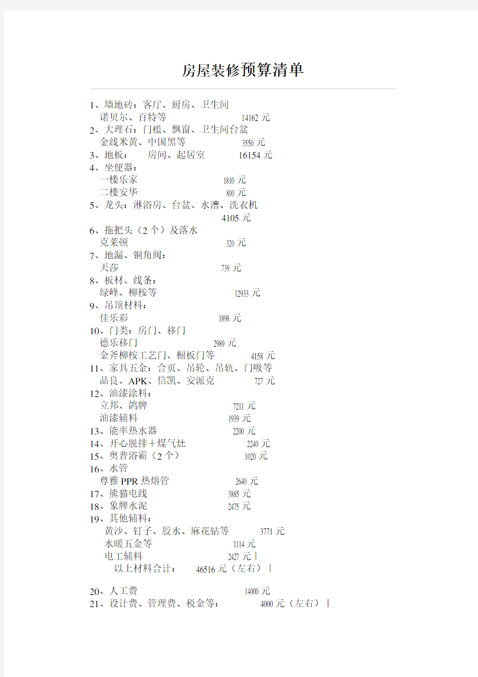 房屋装修预算清单