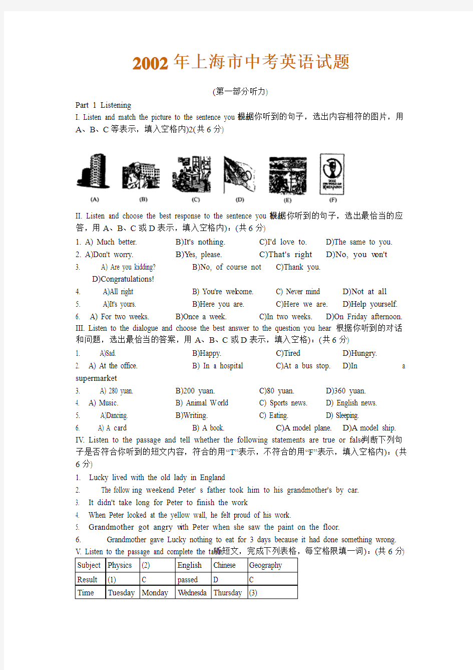 2002年上海市中考英语试题