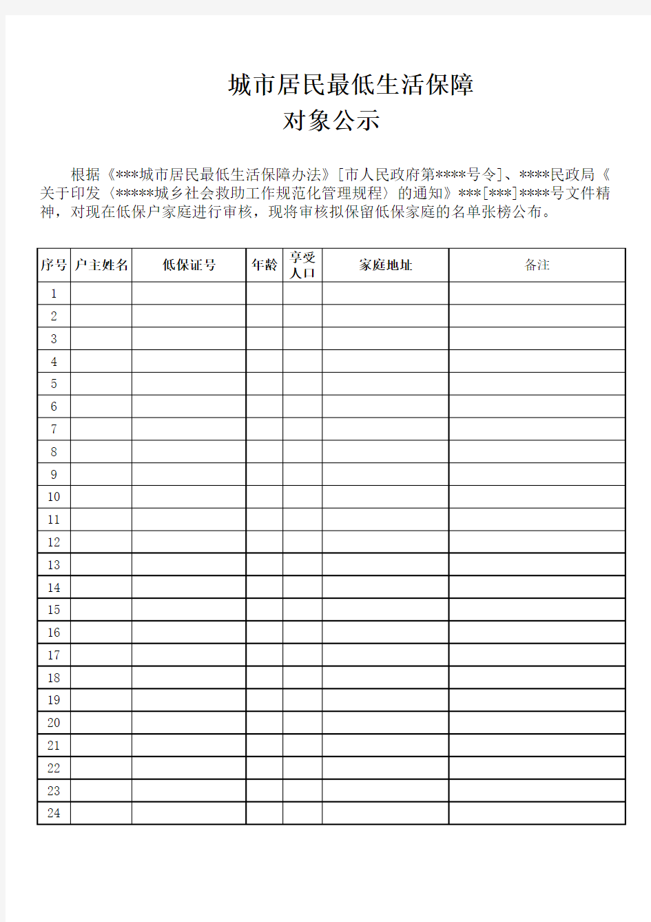 低保公示栏