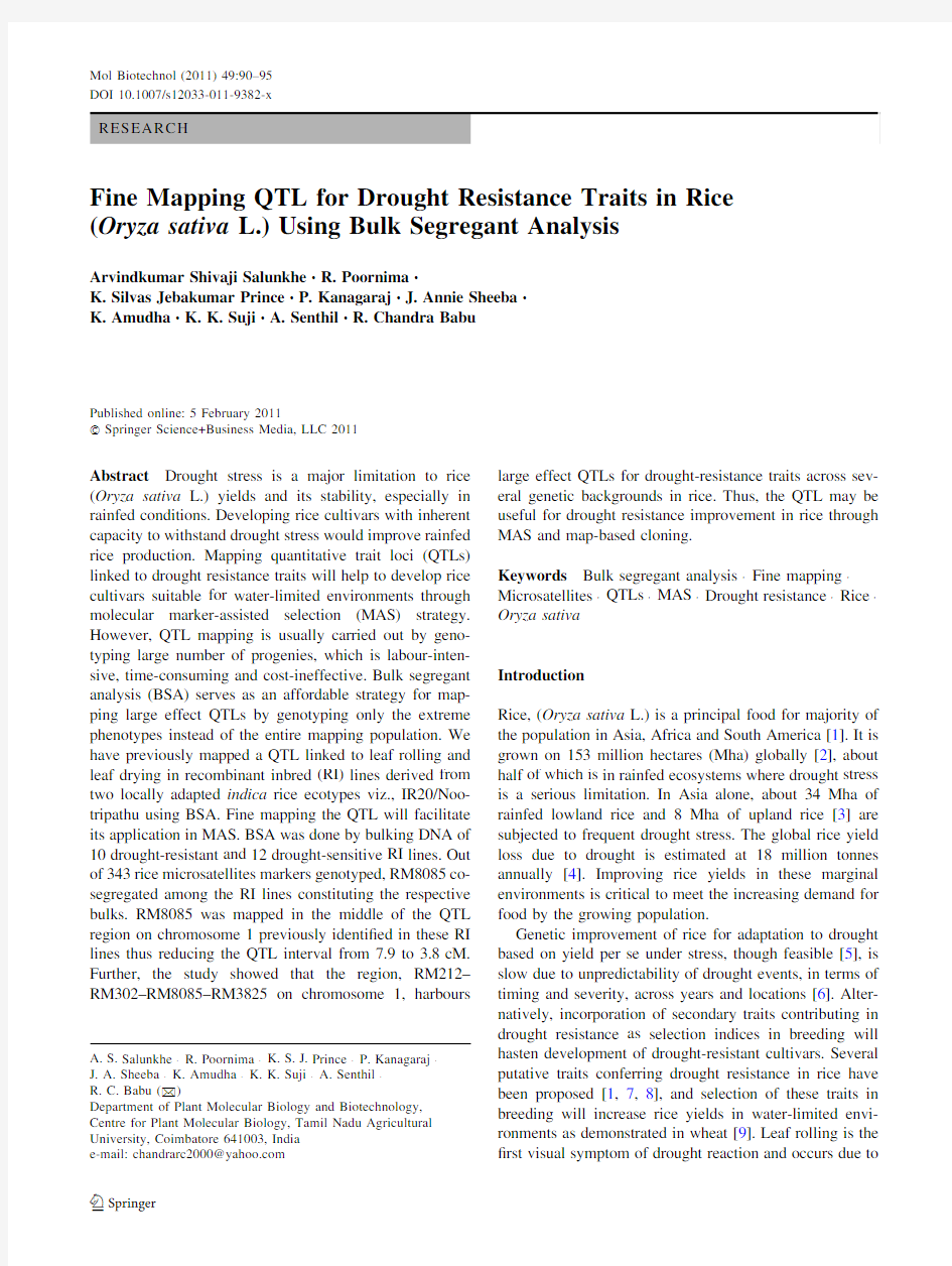 2 Fine Mapping QTL for Drought Resistance Traits in Rice (Oryza sativa L.) Using