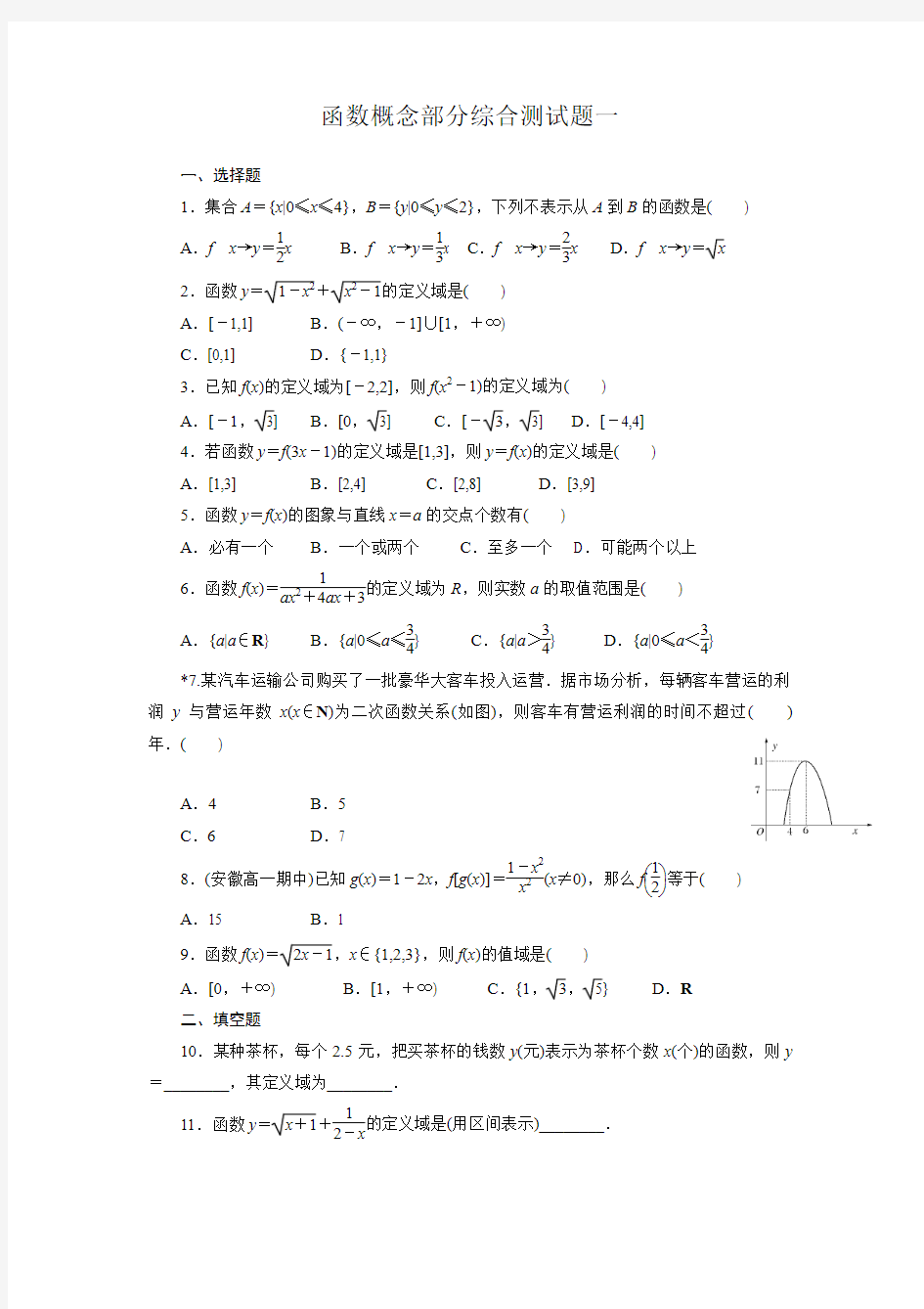 函数概念部分综合测试题一