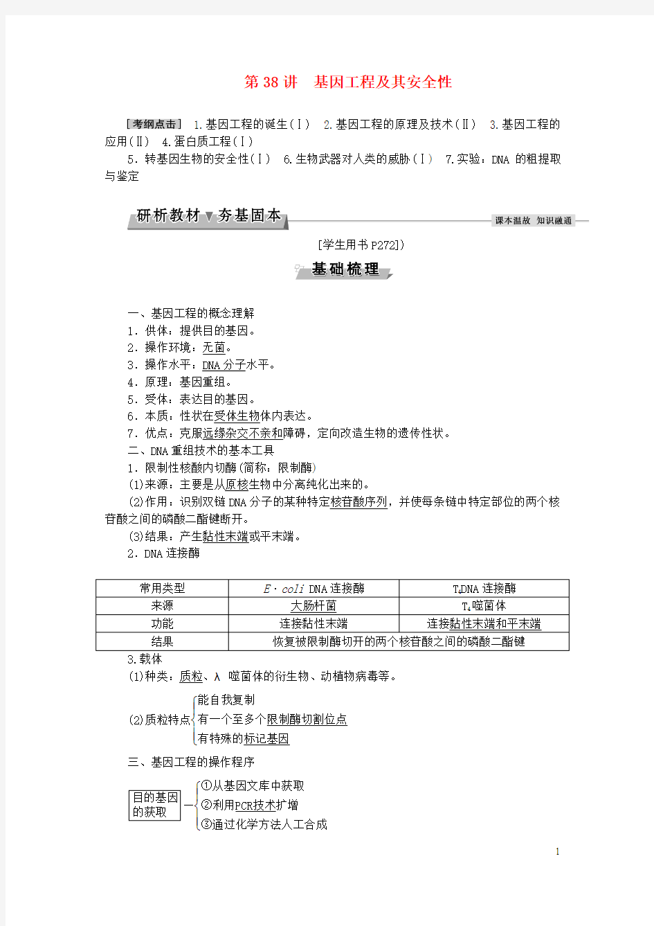 【优化方案】2017版高考生物大一轮复习 第十一单元 现代生物科技专题 第38讲 基因工程及其安全性讲义