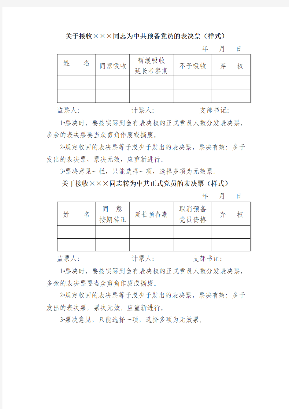 关于接收同志为中共预备党员的表决票(样式)