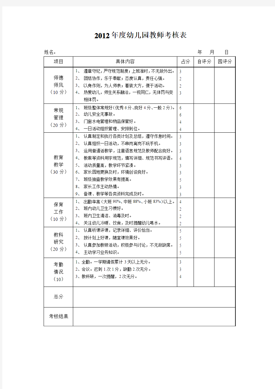 幼儿园教师年度考核自评表