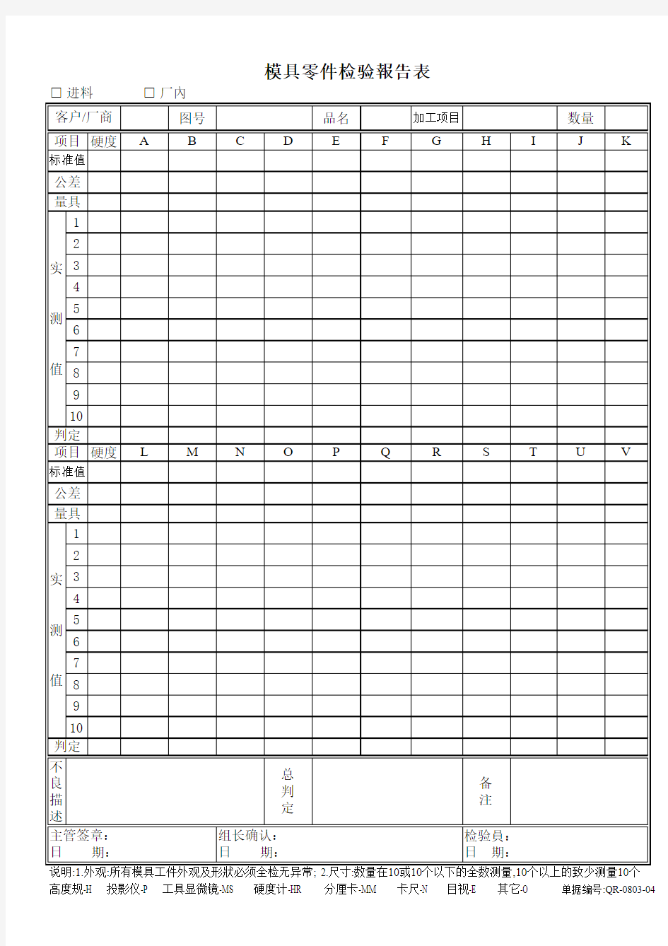 模具零件检验表