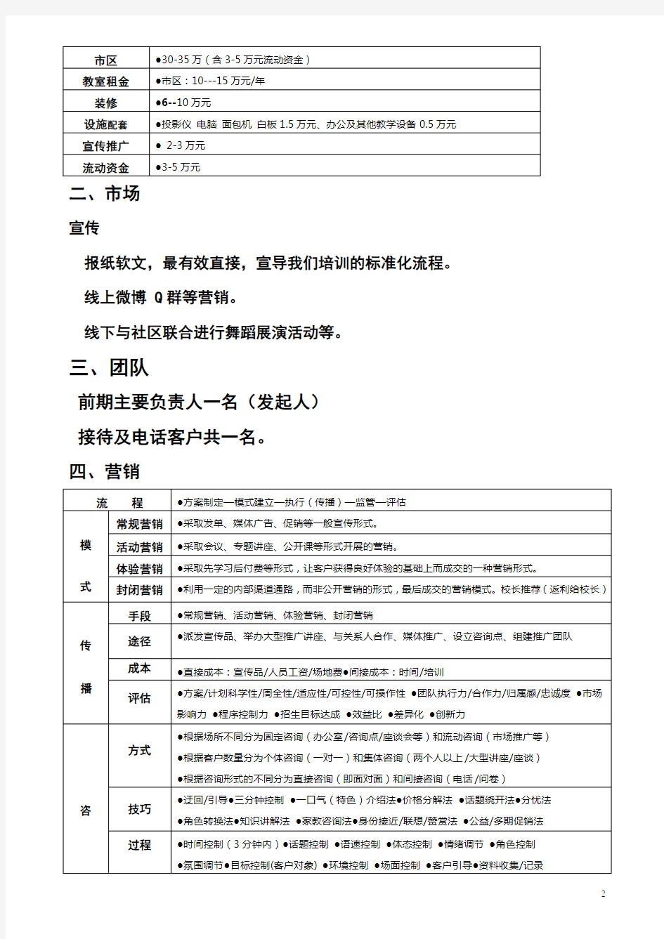 培训机构运营方案  成本核算