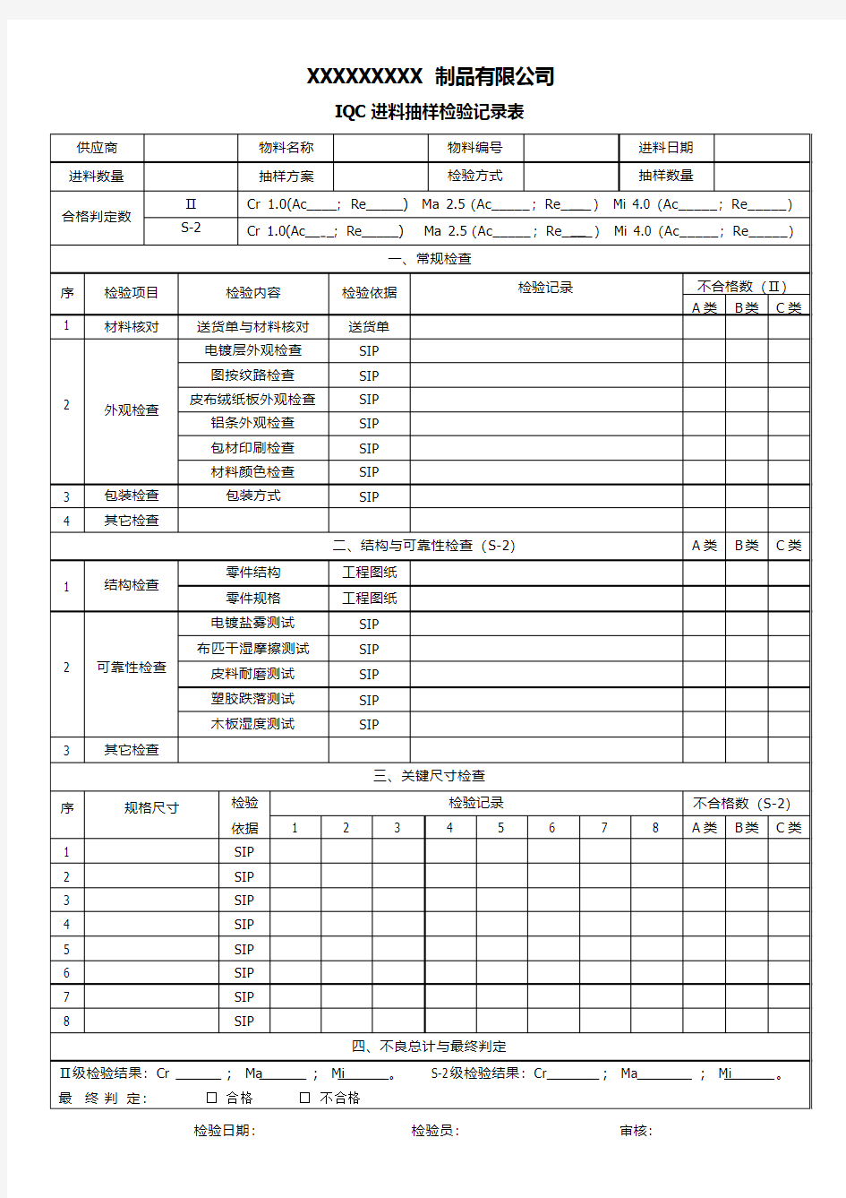 IQC进料抽样检验记录表