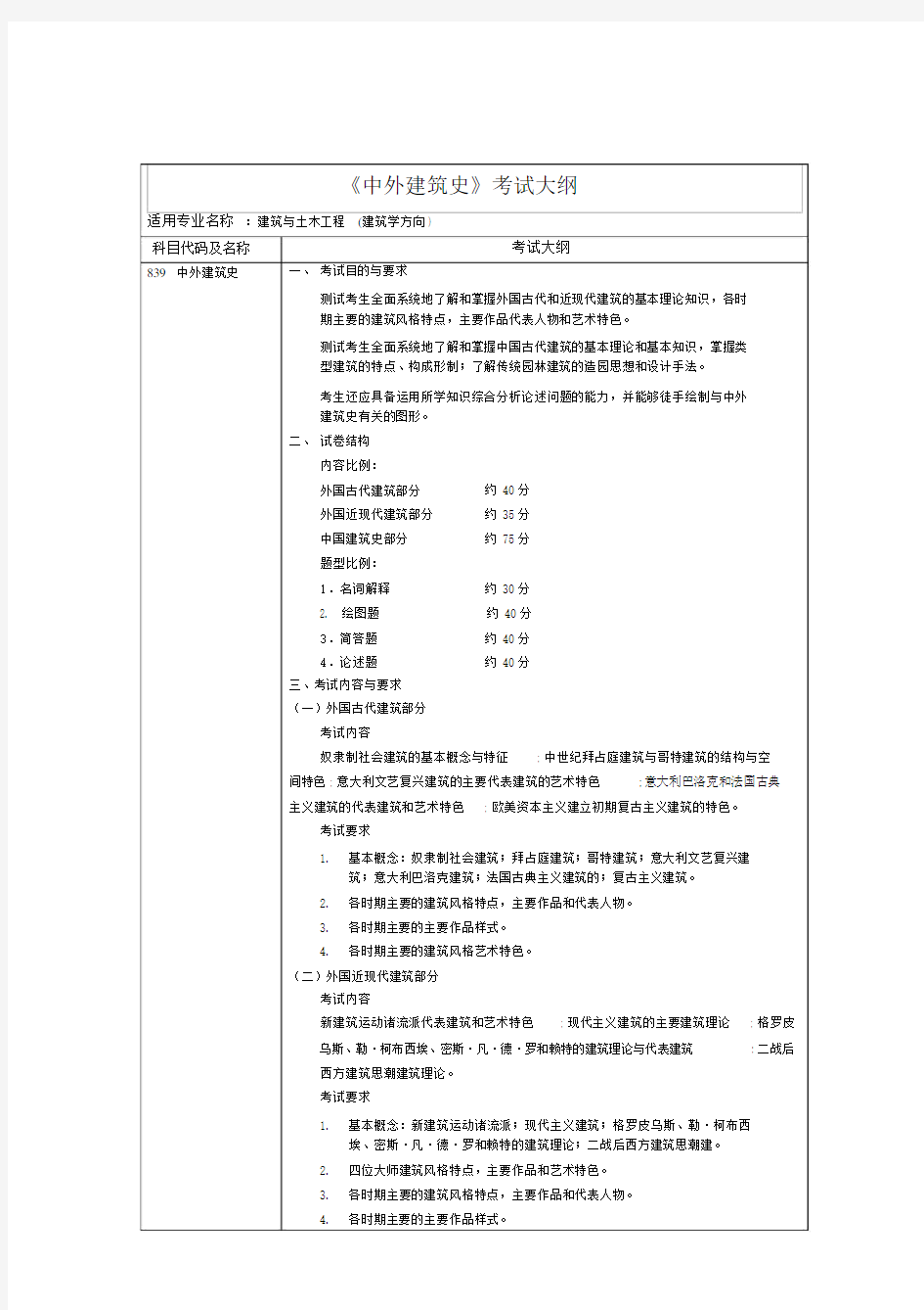 《中外建筑史》考试大纲