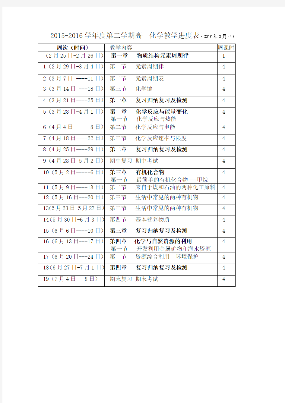 (完整版)高一化学教学计划进度表(第二学期)