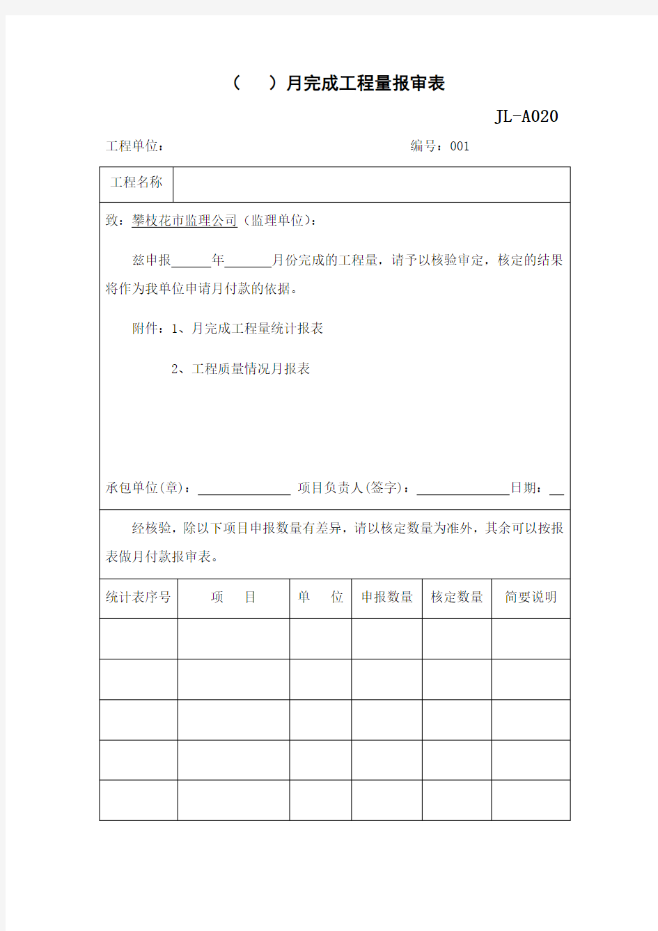 月完成工程量报审表