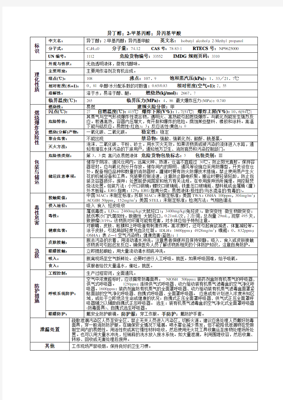 异丁醇;2-甲基丙醇;异丙基甲酸化学品安全技术说明书MSDS