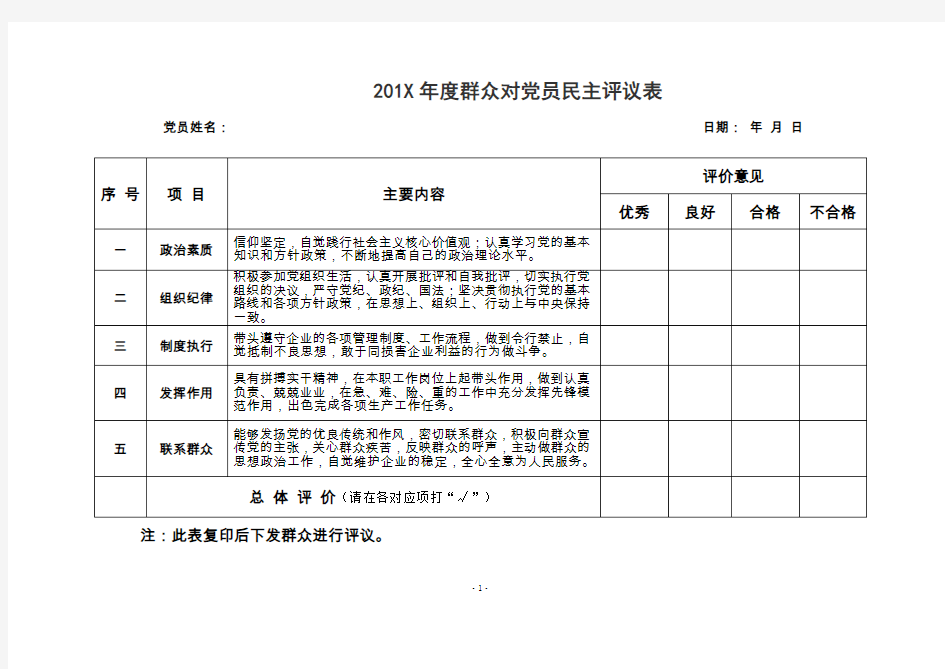 党员及党支部民主评议表