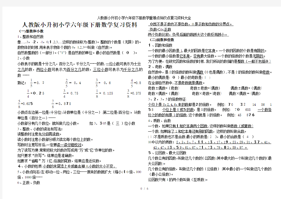 人教版小升初小学六年级下册数学重难点知识点复习资料大全