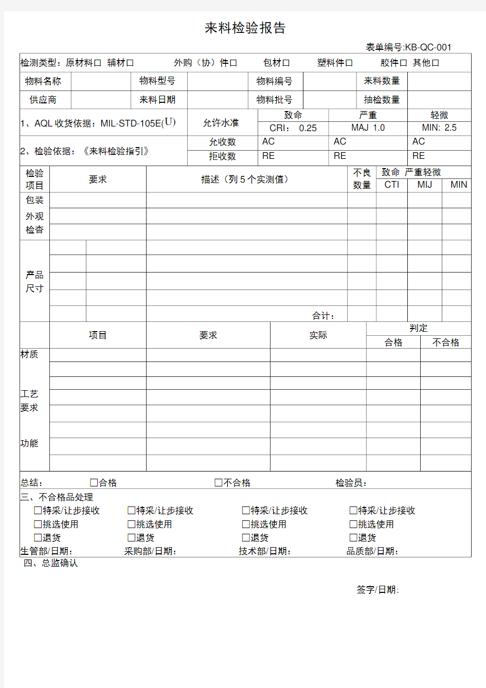 来料检验报告模板