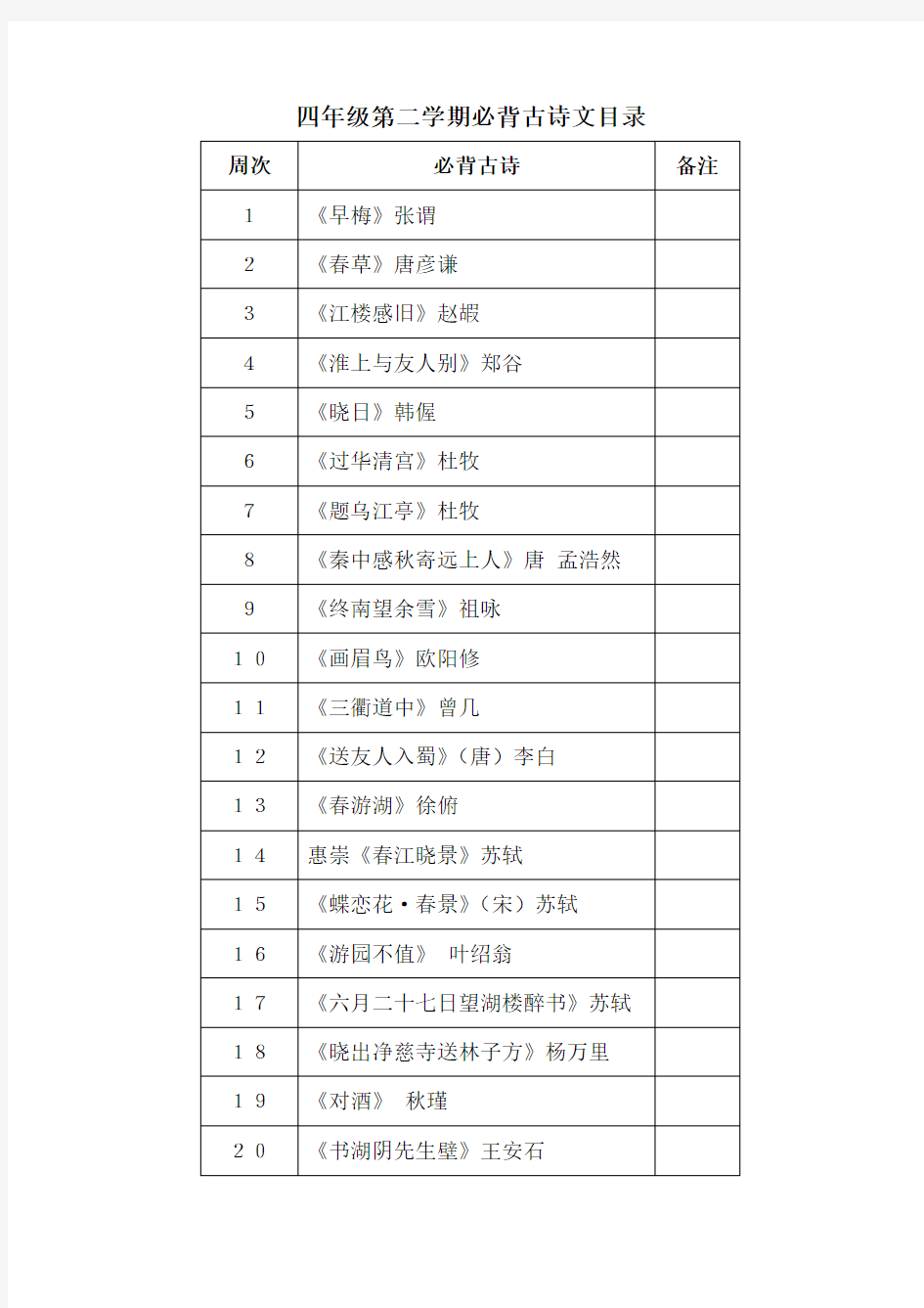 人教版2018新版四年级下学期必背古诗