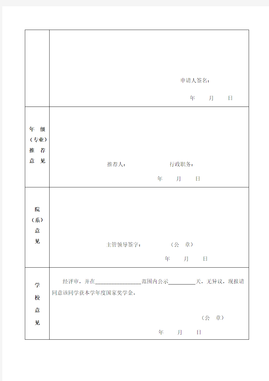 国家奖学金申请审批表