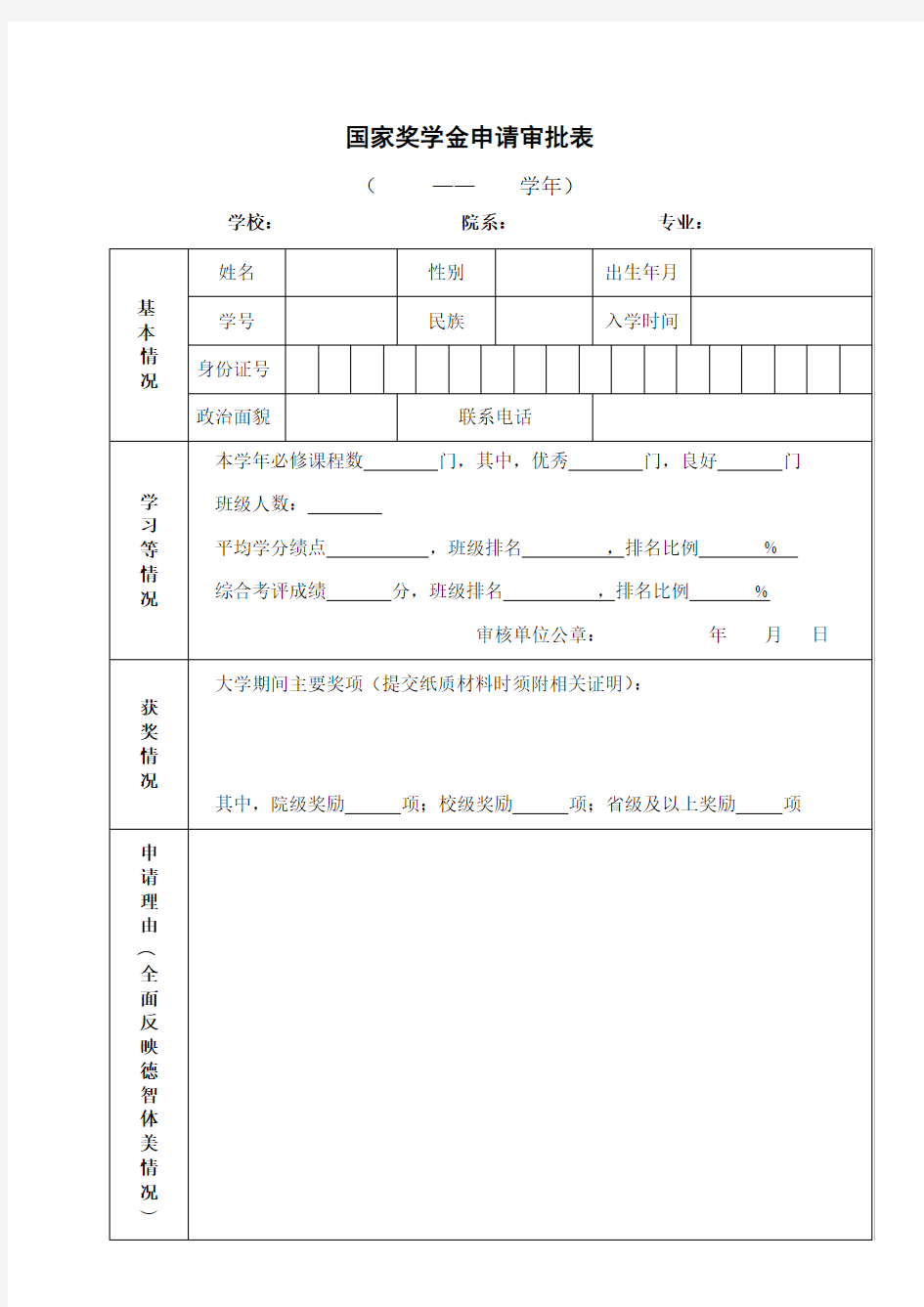 国家奖学金申请审批表