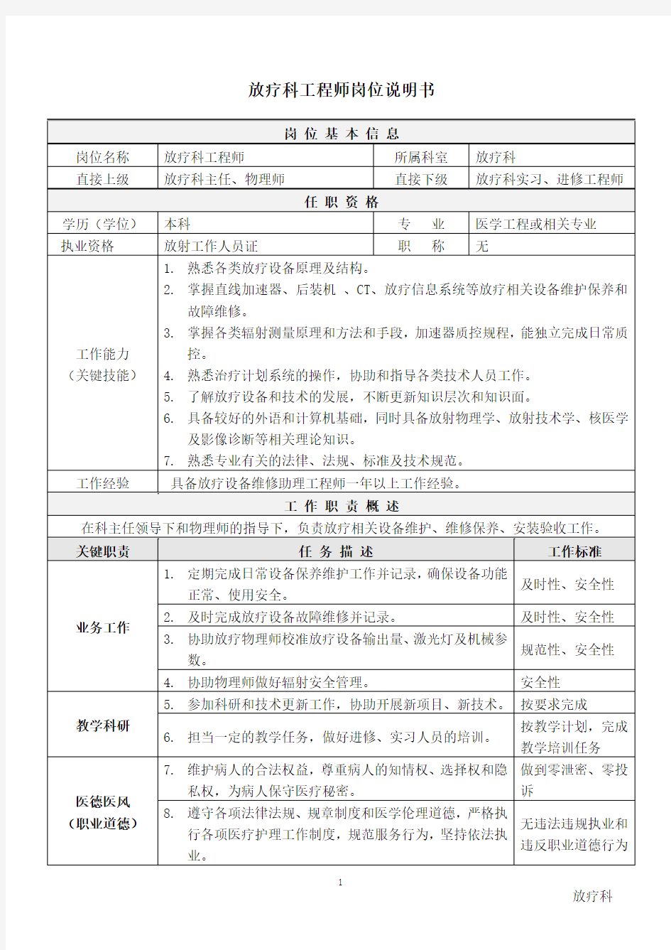 医院放疗科工程师岗位说明书