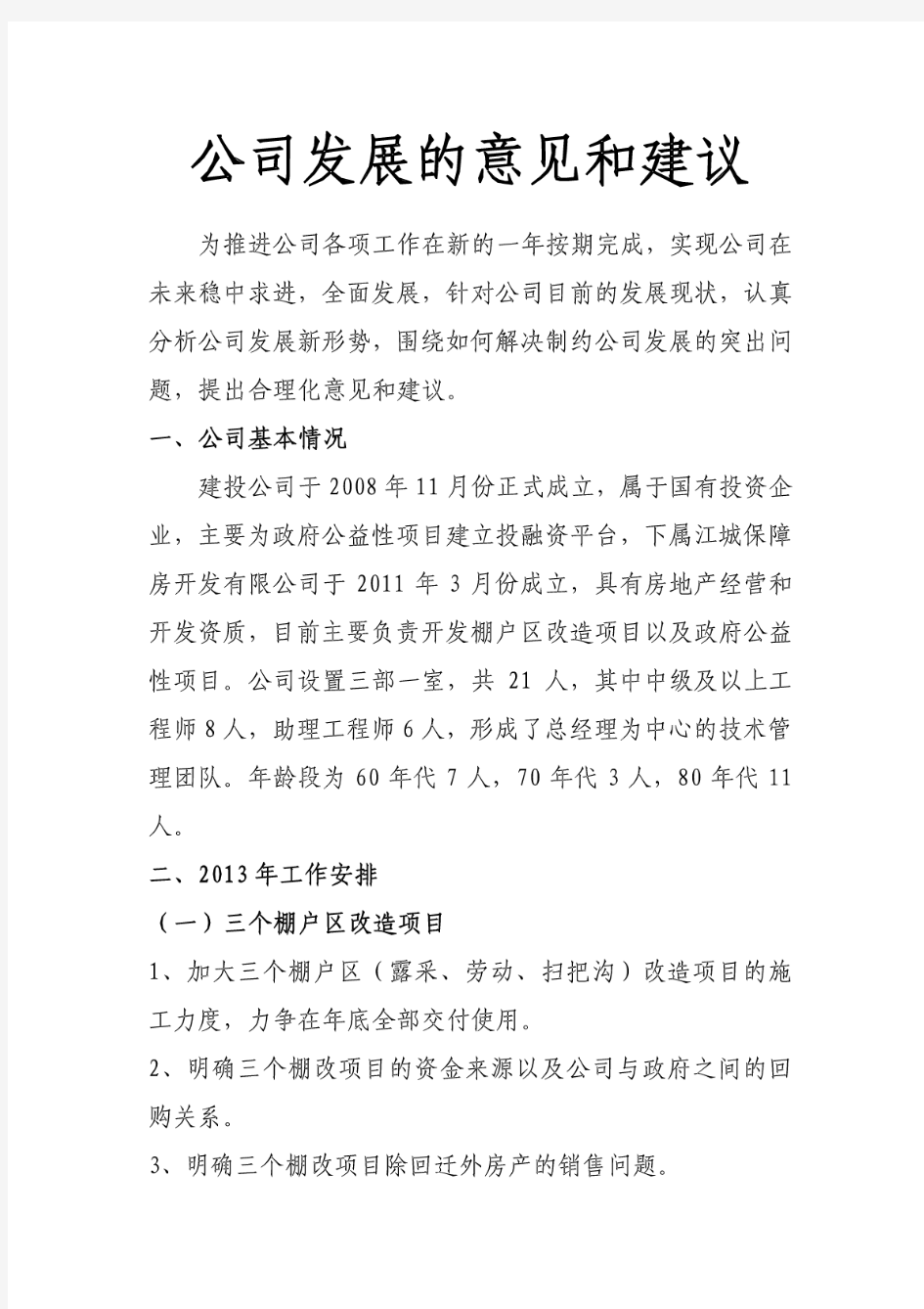 关于公司发展的远景规划的意见和建议