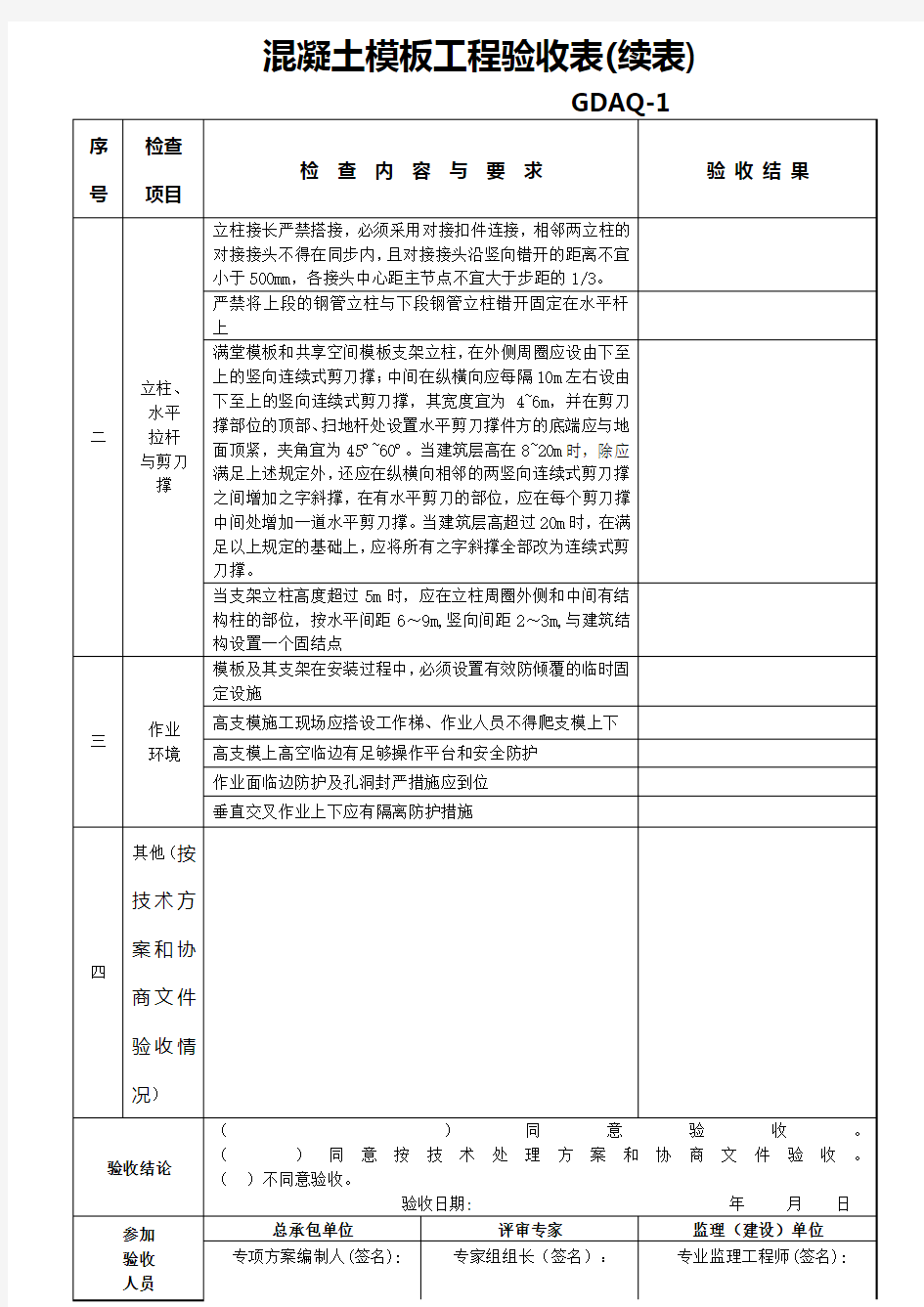 混凝土模板工程验收表