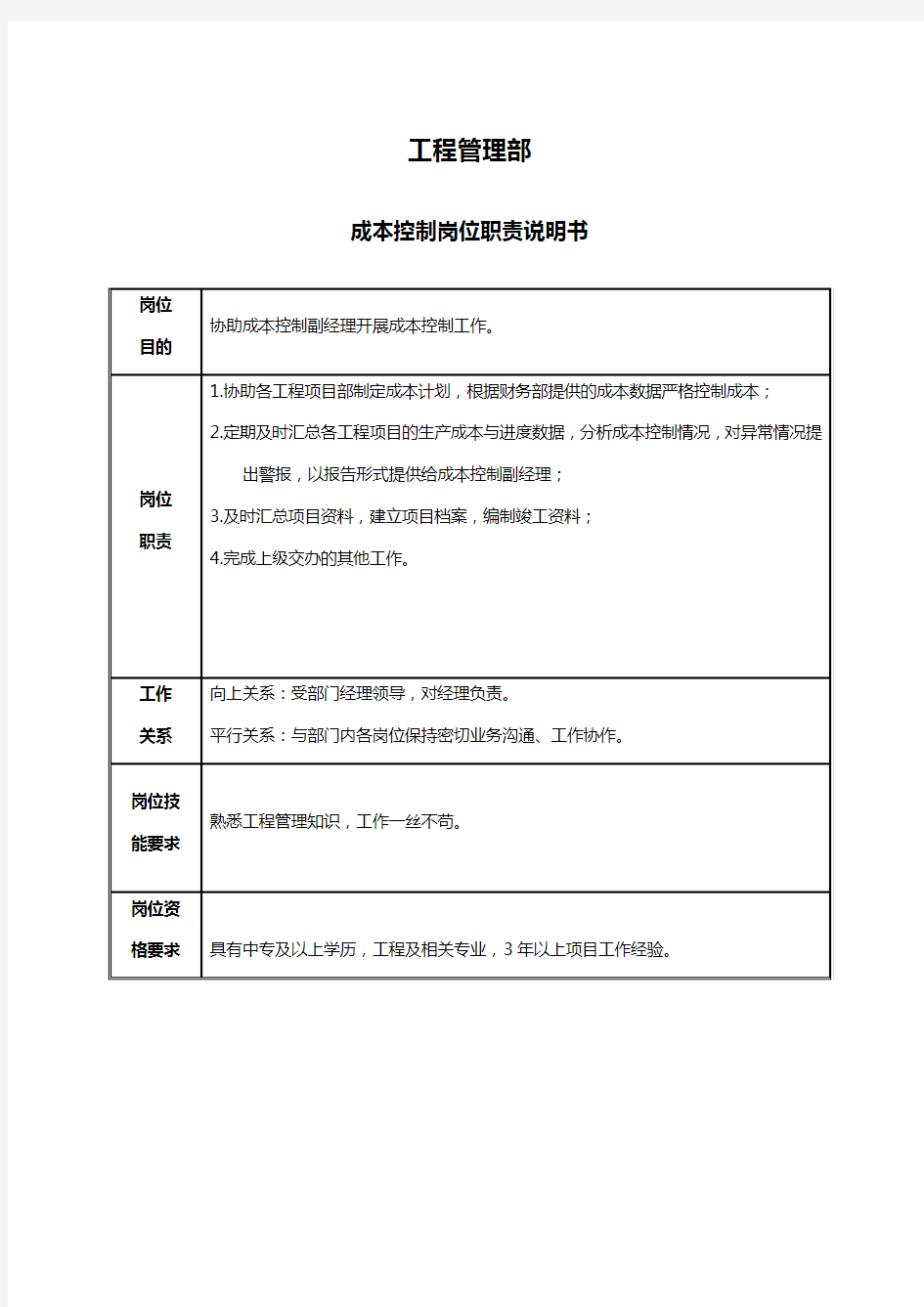 成本控制岗位职责说明书