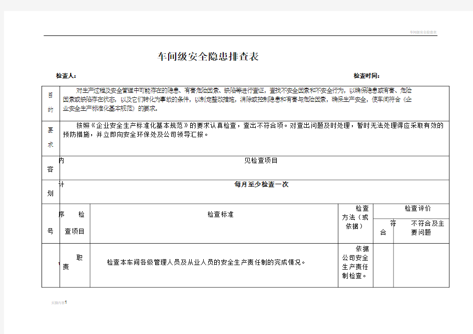 车间级安全隐患排查表