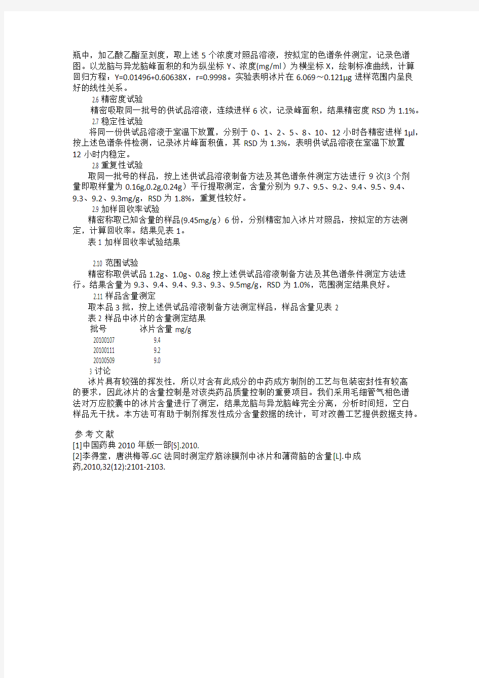 GC法测定万应胶囊中冰片的含量