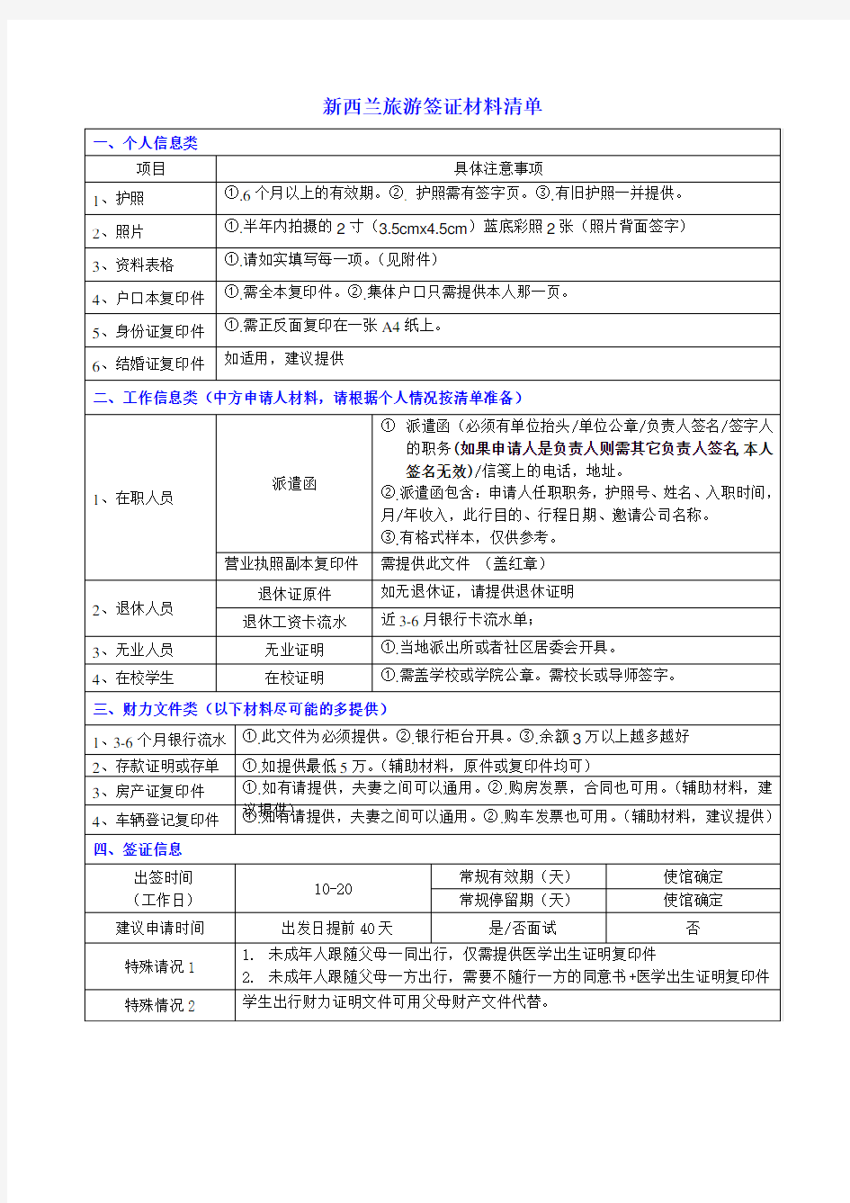 新西兰旅游签证材料清单